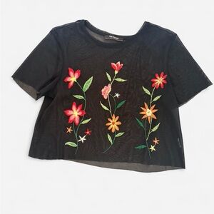 Zara Black Sheer Cropped Top with Red & Orange Floral Embroidery